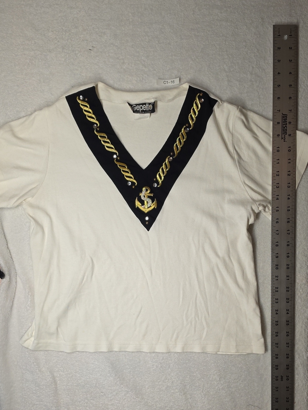 Sepette White Short Sleeve V-Neck Top with Navy & Gold Nautical Trim